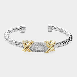Two Tone CZ Stone Paved Double Crisscross Pointed Cuff Bracelet