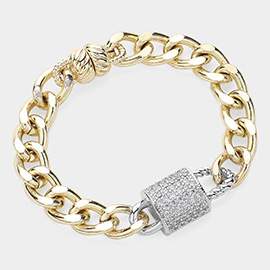 Two Tone CZ Stone Paved Lock Pointed Magnetic Bracelet