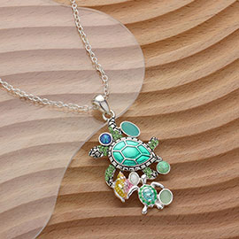 Stone Embellished Enamel Sea Turtle Pendant Necklace