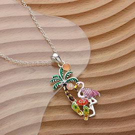 Stone Embellished Enamel Palm Tree Flamingo Flipflops Pendant Necklace