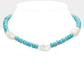 Chunky Pearl Pointed Turquoise Beaded Necklace