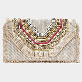 Puka Shell Embroidered Aztec Fringe Detail Jute Clutch Bag