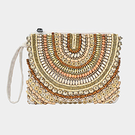 Ethnic Wood Metal Beaded Front Pouch Bag with Wristlet
