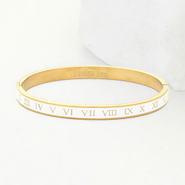 Enamel Roman Numeral Embossed Stainless Steel Hinged Bangle Bracelet