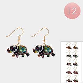 12Pairs - Elephant Printed Dangle Earrings