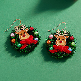 Enamel Rudolph Christmas Wreath Dangle Earrings