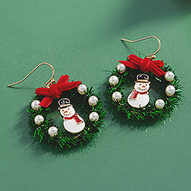 Enamel Snowman Pointed Christmas Wreath Dangle Earrings