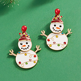 Stone Embellished Enamel Christmas Snowman Earrings