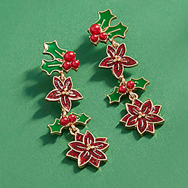 Enamel Christmas Poinsettia Link Dropdown Earrings