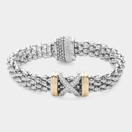 14K Gold Plated CZ Stone Paved Crisscross Pointed Two Tone Magnetic Bracelet