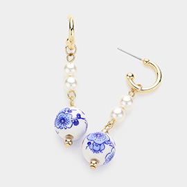 Pearl Floral Printed Ceramic Ball Dangle Earrings