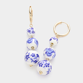 Triple Floral Printed Ceramic Ball Link Dropdown Dangle Earrings