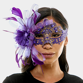 Teardrop Stone Embellished Flower Feather Fairy Lace Masquerade Mask