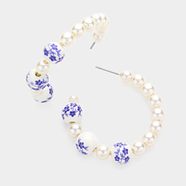 Floral Printed Ceramic Ball Pointed Pearl Beaded Hoop Earrings