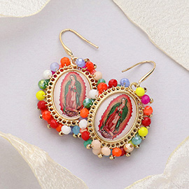 Virgin Mary Cross Printed Faceted Bead Cluster Dangle Earrings