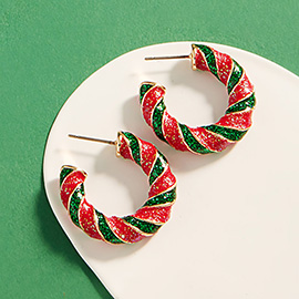 Enamel Christmas Candy Cane Hoop Earrings