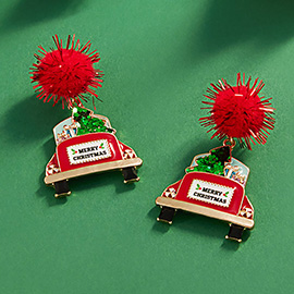 Enamel Christmas Car Pom Pom Dangle Earrings