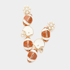 Pearl Flower Poitned Enamel Football Helmet Link Dropdown Earrings