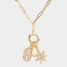 Stone Paved Hamsa Hand Sunburst Pearl Charm Pointed Paperclip Chain Necklace