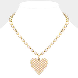 Pearl Paved Heart Pendant Pointed Necklace