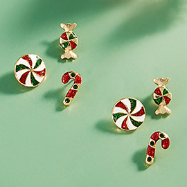 3Pairs - Christmas Candy Cane Stud Earrings