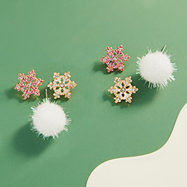 3Pairs - Snowflake Pom Pom Stud Earrings