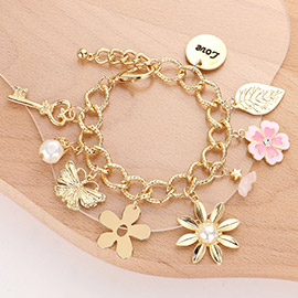 Floral Bee Key Love Messaged Charm Embellished Chain Bracelet