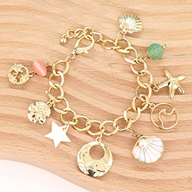 Pearl Pointed Shell Starfish Natural Stone Metal Wire Wave Charm Chain Bracelet