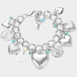 Metal Heart Coin Pearl Charm Bracelet