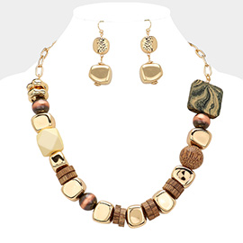Abstract Wood Metal Beaded Necklace
