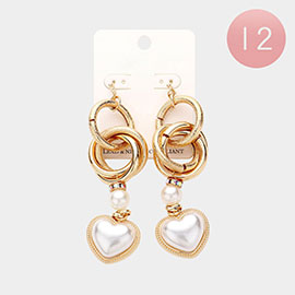 12Pairs - Heart Pearl Dangle Abstract Metal Link Earrings