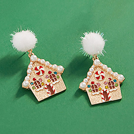 Glittered Enamel Cookie House Dangle Earrings with Pom Pom
