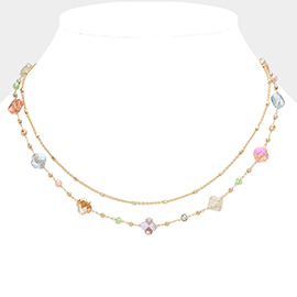 Faceted Quatrefoil Beaded Station Layered Chain Necklace