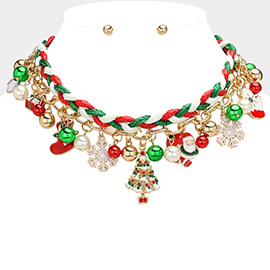 Enamel Christmas Charm Bell Embellished Chain Braided Layered Necklace