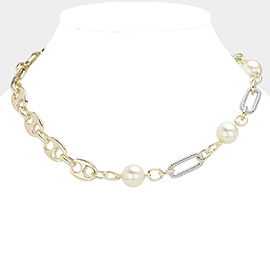 14K Gold Plated Pearl Pointed Chunky Chain Necklace