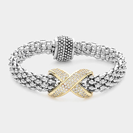 14K Gold Plated CZ Stone Paved Crisscross Pointed Mesh Metal Magnetic Bracelet