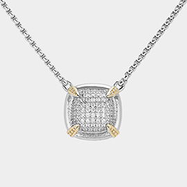 14K Gold Plated CZ Stone Paved Square Pendant Necklace