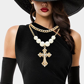 2PCS - Chunky Pearl Stone Paved Gothic Cross Pendant Pointed Chunky Chain Layered Necklaces