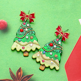 Stone Pearl Embellished Resin Christmas Tree Dangle Earrings