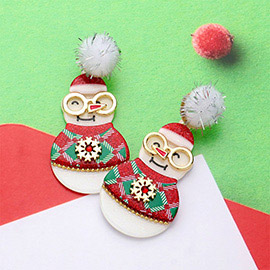 Pom Pom Resin Christmas Snowman Dangle Earrings