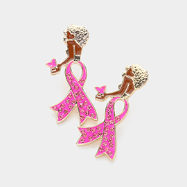 Stone Paved Pink Ribbon Enamel Afro Woman Earrings