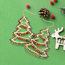 Faceted Beaded Rim Metal Wire Christmas Tree Dangle Earrings