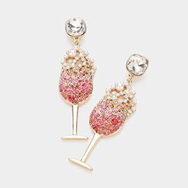 Pearl Stone Embellished Champagne Dangle Earrings