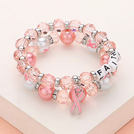 2PCS - FAITH Message Pointed Pink Ribbon Charm Faceted Beaded Stretch Double Layered Bracelets
