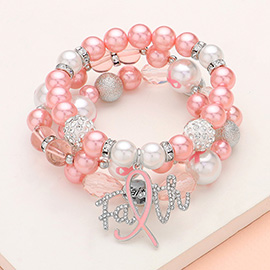 3PCS - Stone Paved Pink Ribbon FAITH Message Charm Chamballa Ball Pointed Pearl Beaded Stretch Multi Layered Bracelets
