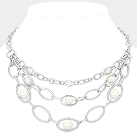 Pearl Pointed Open Oval Metal Link Layered Necklace