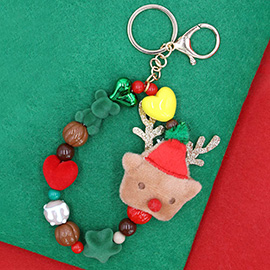 Rudolph Plush Doll Pointed Charm Beaded Stretch Christmas Keychain