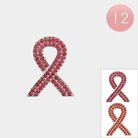 12PCS - Stone Paved Pink Ribbon Brooches