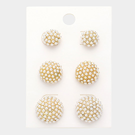 3Pairs - Pearl Paved Round Stud Earring Set