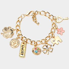 Clover Lucky Elephant Flower Heart Key Charm Chunky Bracelet